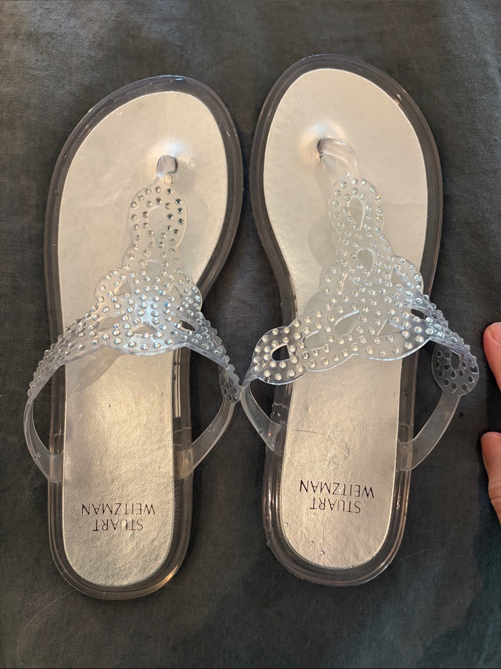 Stuart Weitzman Clear Silver Jelly Sandals with Rhinestone Detail